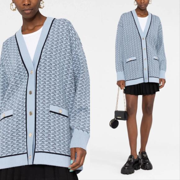 Sandro Preston Wool Cashmere Patterned intarsia Cardigan Sweater Bleus Blue - Picture 1 of 5